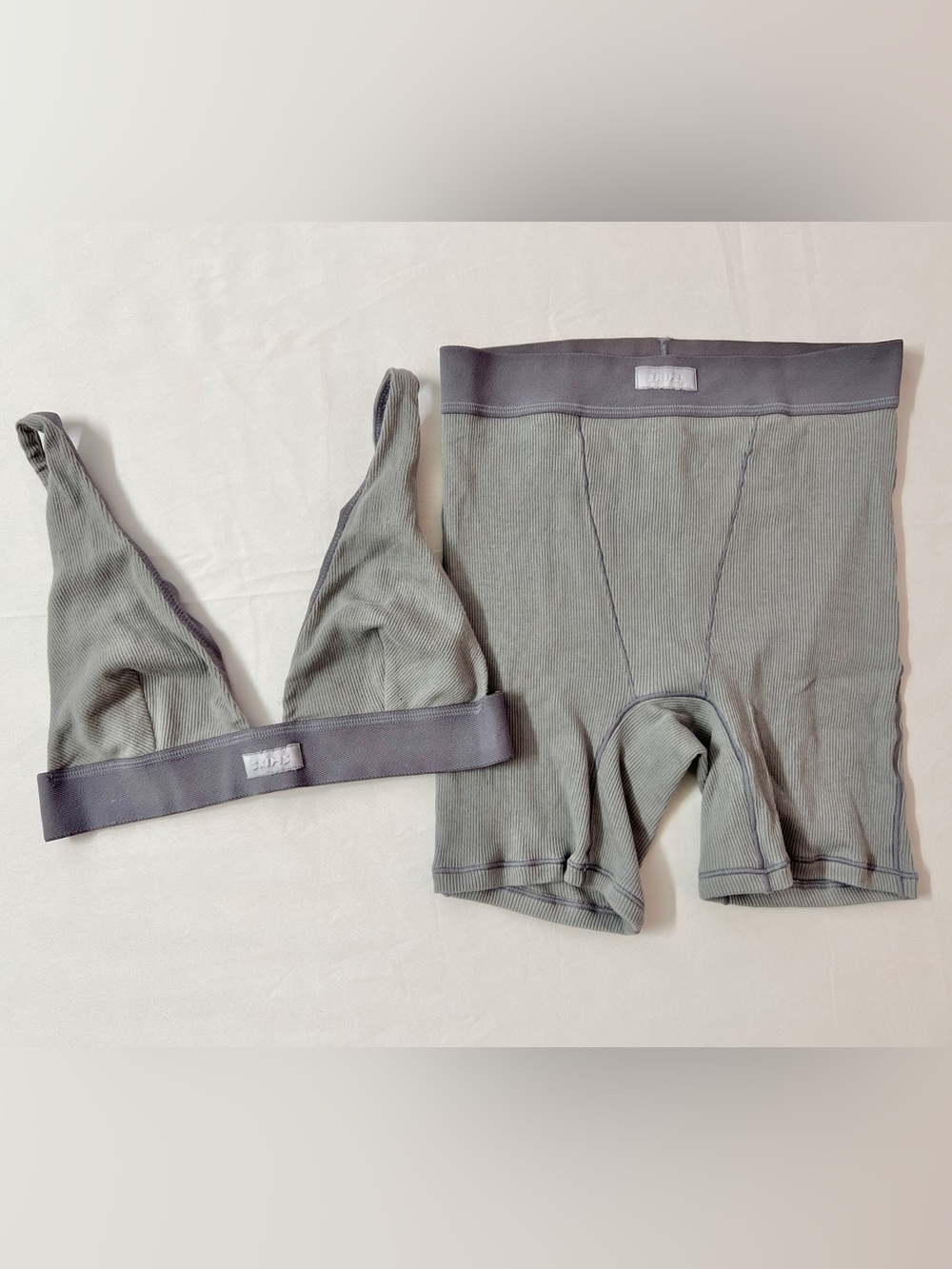SKIMS Cotton Rib Ribbed Boxer Shorts Short + Triangle Plunge Bralette Bra Set